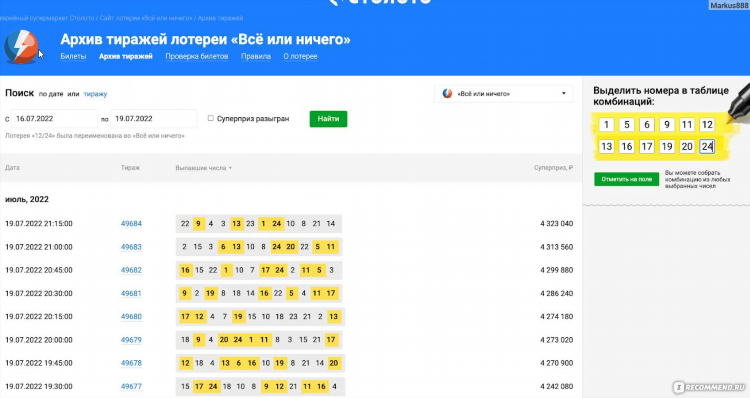 Результаты тиражей 4 из 20 архив